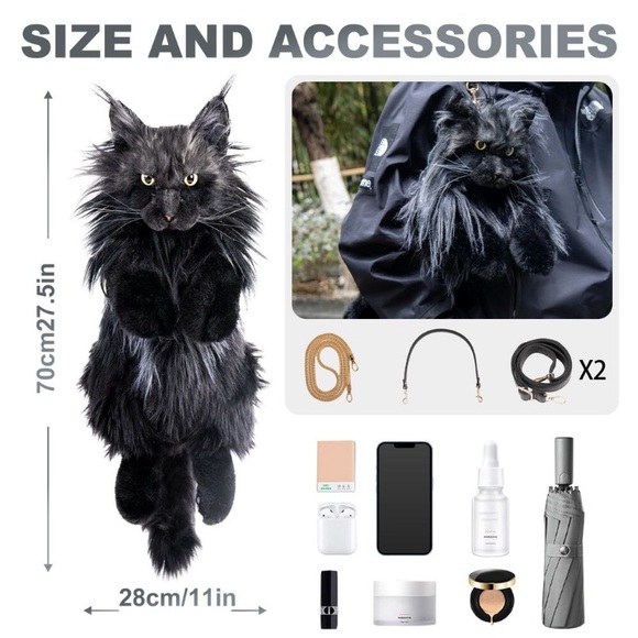 Cat Shaped Backpack - Handcrafted Stuffed Animals Bag, Black Cat Plush Bag new - Picture 6 of 9